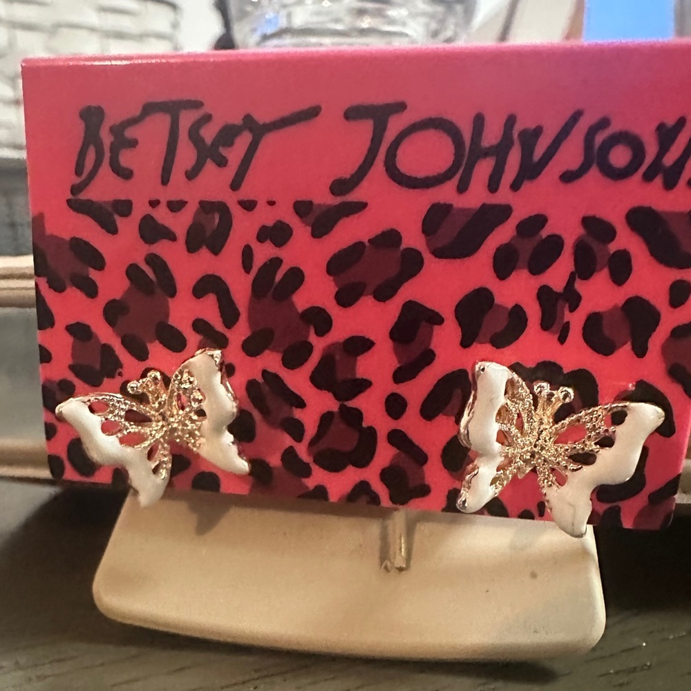 Betsey Johnson Gold Tone White Enamel Butterfly Earrings